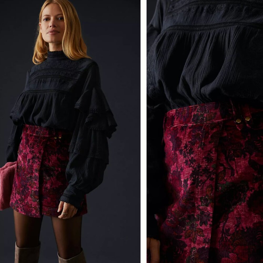 Pilcro by Anthropologie Maroon/Mauve Floral Mini Corduroy Skirt / Size 2